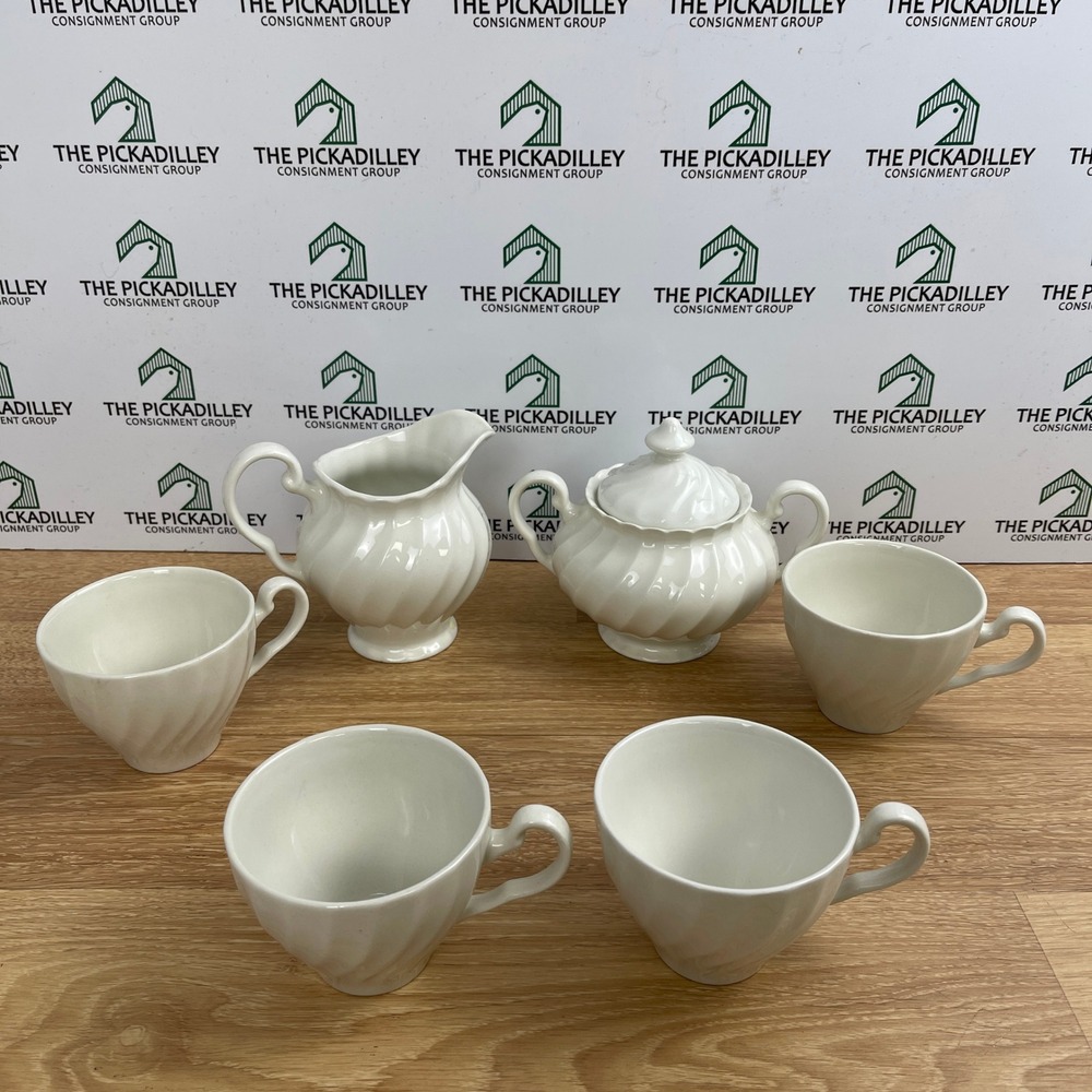 Vintage Johnson Brothers Ironstone Swirl Tea Cups Creamer & Sugar Bowl 6pc